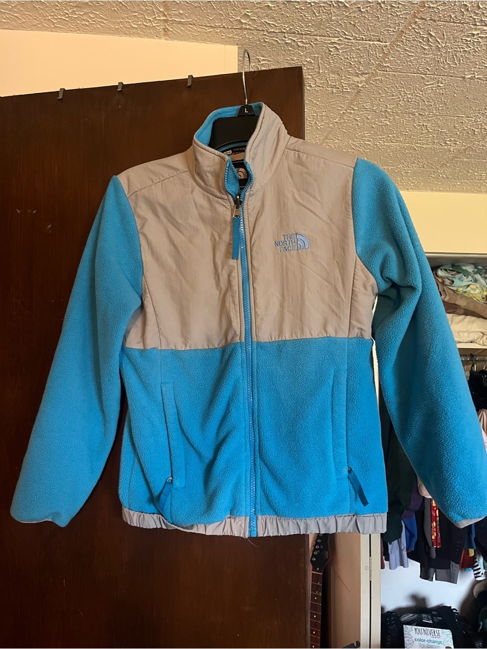 The North Face Kids Teal and Light Gray Fleece Puffer Jacket